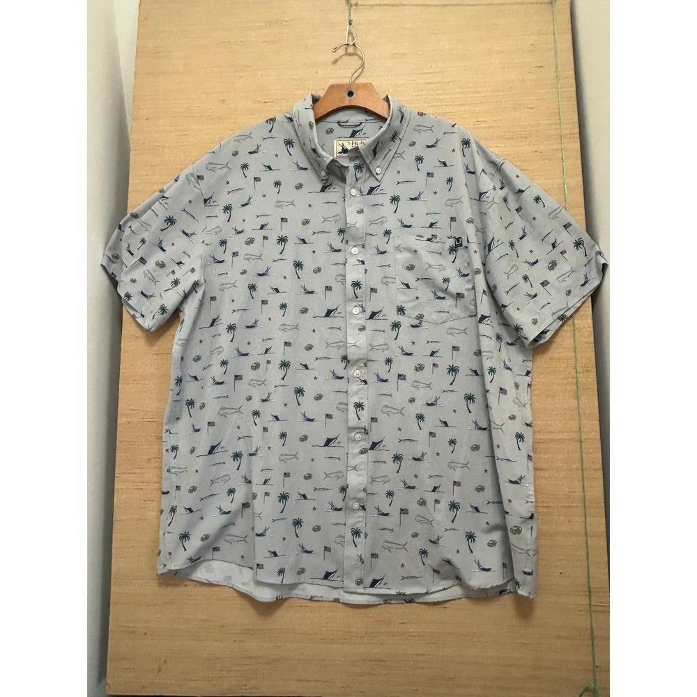 Huk Fishing‎ Mens 2XL Button Up Shirt Short Sleeve Nautical Fish Palm Tree Print